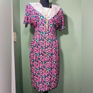 Caroline Wells Floral Pink and Green Dress with Lace Detail